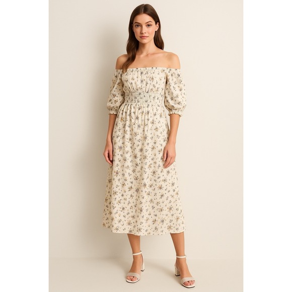 H&M Dresses & Skirts - H&M Womens Casual Dress Sz XL White Floral Print Off Shoulder 1/3Balloon Sleeve